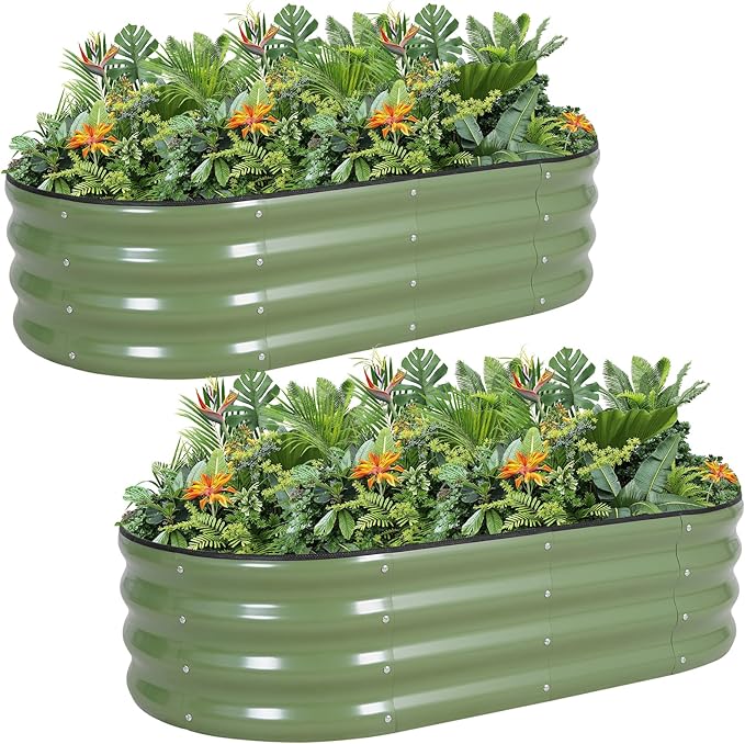 G GOOD GAIN Galvanized Metal Raised Garden Bed Kit - 4x2x1FT Outdoor Planter Box with Safety Edging and Gloves for Vegetables, Fruits, Flowers(Oliver Green, 2PC)
