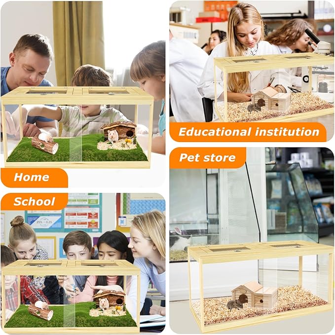 32" Hamster Habitat Enclosure, Lockable Sliding Door Gerbil Cage, Dwarf Hamster Cage with Metal Mesh Roof, Chewproof Syrian Hamster Cage for Mice, Small Animal, (Wooden, 32" L x 16" W x 16" H)