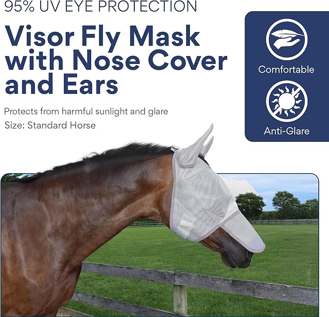 Horse Fly Mask with Nose Cover and Ears | 95% UV Eye Protection | Built-in Visor | Breathable, Lightweight Mask | Adjustable Fit for Comfort Horse Medium/Large Size