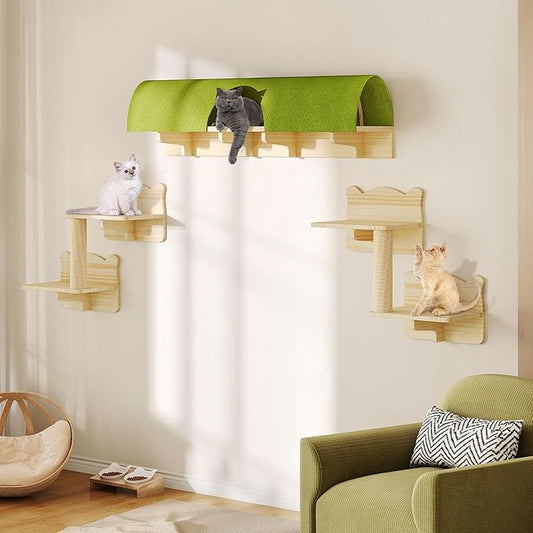 Cat Wall Shelves and Perches, Solid Wood Wall Cat Furniture, Set of 7 Feline Climbing Shelves with Bed, Steps, Scratching Post and Tunnel