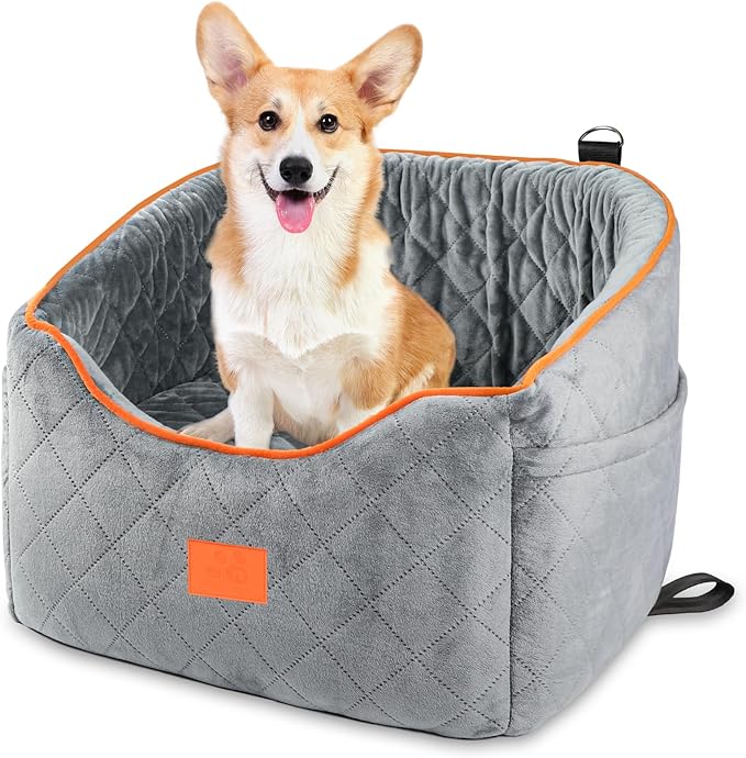 Dog Car Seat for Small Dogs, Memory Foam Booster Dog Seat for Dogs up to 35 lbs, Elevated Pet Car Seat with Washable Removable Cover, Storage Pockets (Gray)
