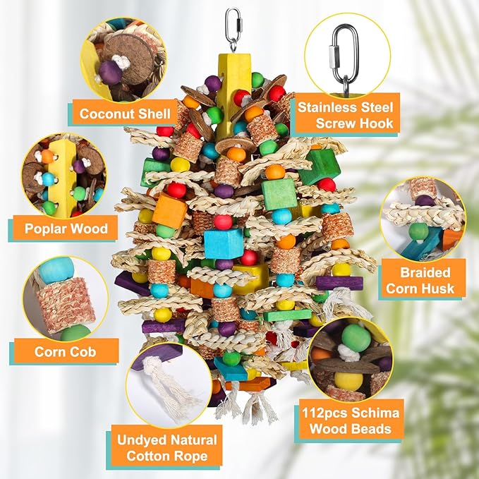 Medium Large Parrot Toys 20in Chewable Bird Toy with Coconut Shell, Poplar Wood, Corn Cob, 112 Schima Wood Beads Bird Shredding Toys Parakeet Macaw Cockatiel Conure African Grey Parrot Gifts