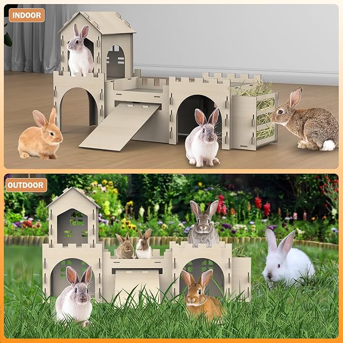 Large Bunny House and Hideouts, Wooden Dual-Layer Rabbit Castle with Stair, Rubber Band-Free Setup - chew-Proof, Sturdy Habitat for Guinea Pig Chinchilla Ferret (Rabbit House with Hay Feeder)