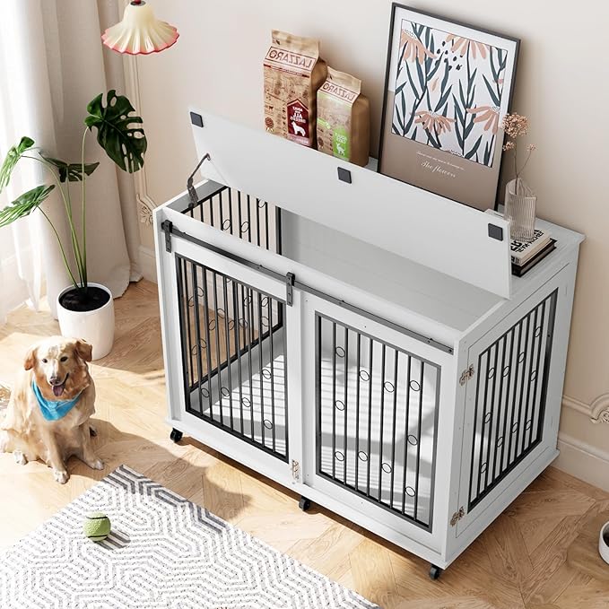 IchbinGo Large Dog Crate Furniture, 47" Wooden Dog Kennel with Sliding Barn Door, Flip-Top Lid & Wheels, Indoor Pet Crate Table with Detachable Divider for Small/Medium/Large Dogs (White)