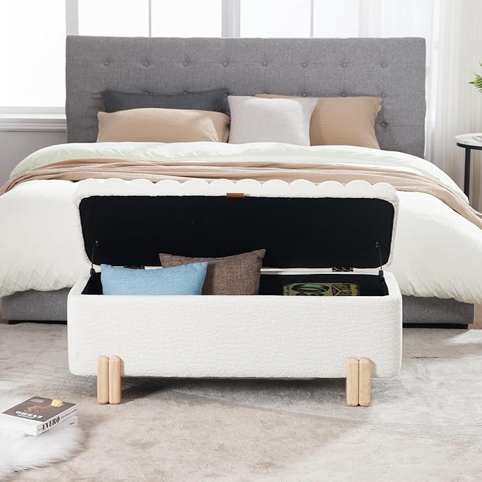Wavy Ottoman Storage Bench Multi-Functional Narrow Entryway Bench Elegant End of Bed Bench with Storage and Safty Hinge for Living Room Entryway Hallway Bedroom Boutique, White