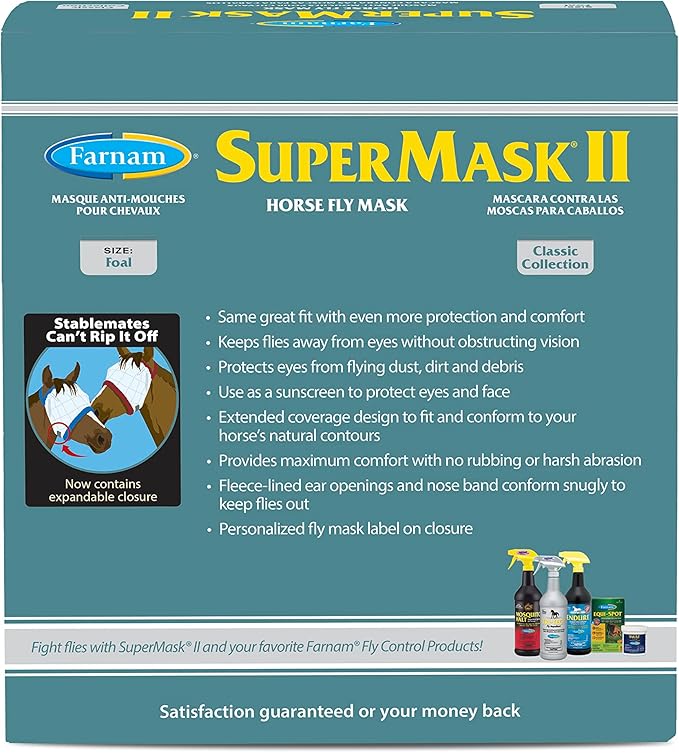 Farnam SuperMask II Fly Mask Without Ears for Foals, Full Face Coverage and Eye Protection from Insect Pests, Structured Classic Styling Mesh with Plush Trim, Foal Size