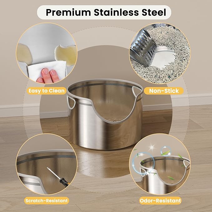 Stainless Steel Litter Box Metal with Integrated Round for XL/XXL Big and Multi Cats, 12" High Wall High Side, Odor Control, Easy to Clean, Durable, Includes Stainless Steel Scoop