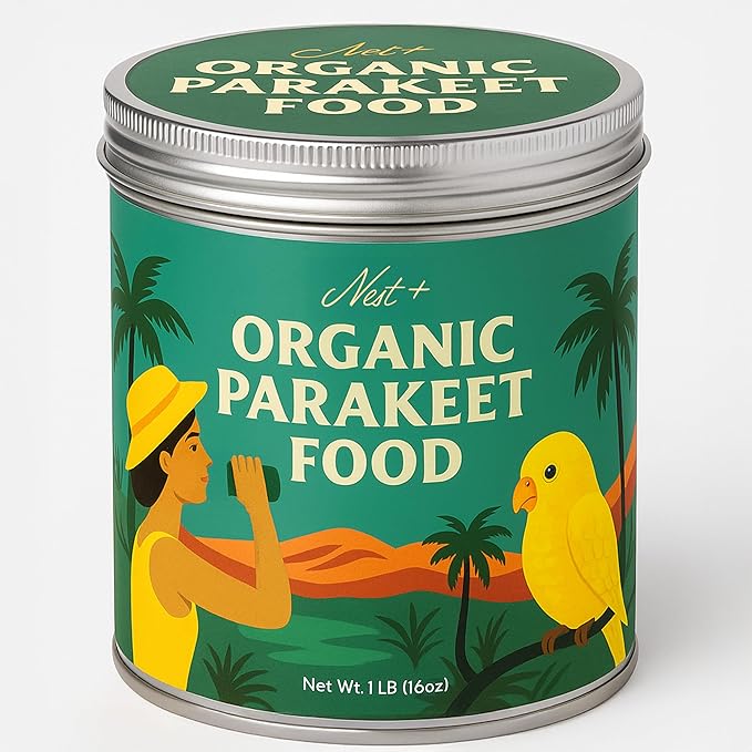 100% Organic Parakeet Food – Premium Bird Seed Mix with Oat Groats, Buckwheat, Amaranth, Super Veggies & Seeds – Reusable Tin + Stainless-Steel Scooper – Made in USA, Human Grade Ingredients (1lb)