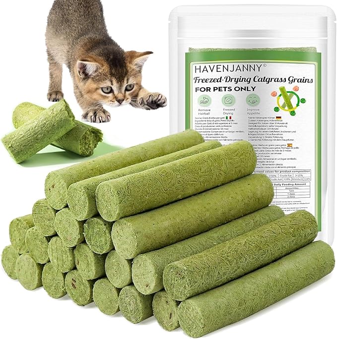 HavenJanny 100g Cat Grass Teething Stick, Freezed Drying Cat Grass Sticks Snacks for Cats, Edible Cats Treats for Teeth Cleaning and Hairball Removal