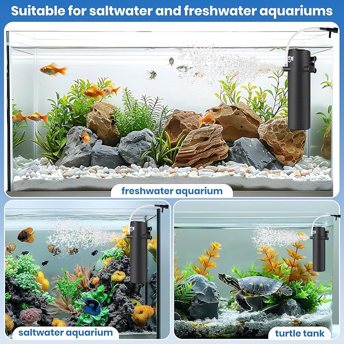 Aquarium Filter for 15-40 Gallon Tank, Submersible Fish Tank Filters with Wave-Maker Oxygenation Circulation, Adjustable Air Flow Filter for Freshwater & Saltwater (8W)