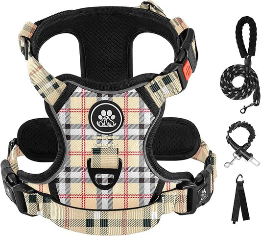 IVY&LANE No Pull Dog Harness with Leash Set, Reflective No Choke Pet Vest,Adjustable Oxford Dog Vest Harness with Easy Control Handle for Large Dogs (Checkered Beige,L)