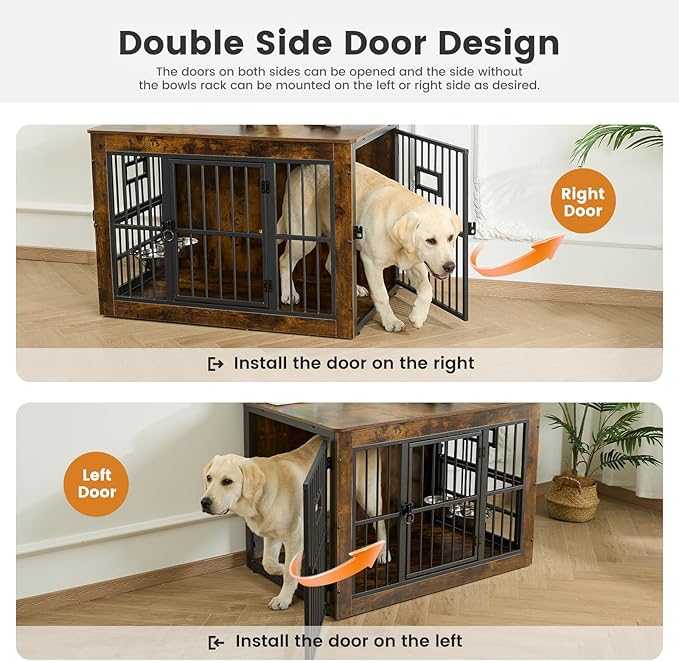 Gardner Pet Dog Crate Furniture for Medium Dogs, 38.8 Inch Dog Kennel Indoor, Wooden Dog Cage End Table with 2 Removable Bowls, Heavy Duty Dog Crate, Rustic Brown