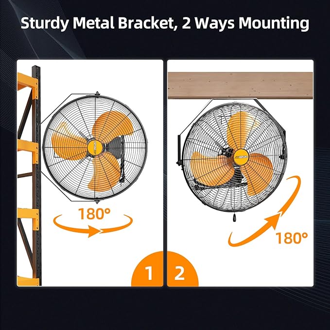 20 Inch Industrial Wall Mount Fan, 4850 CFM High Velocity Metal Wall Fan, 3 Speed, Adjustable Tilt, Commercial Use for Garage, Gym, Covered Patio, Workshop, Greenhouse - UL Listed