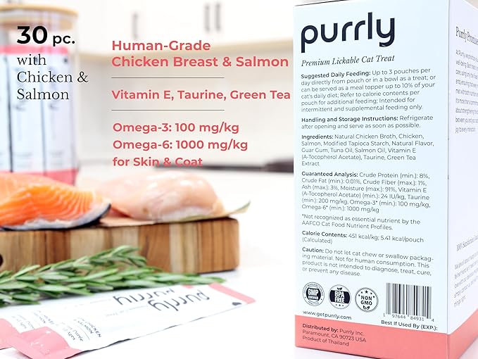 Purrly Low Calorie Premium Lickable Cat Treat Topper Healthy Chicken Variety Bundle (90 Count) Human-Grade Protein Sources with Functional Nutrients Wet Squeeze Creamy Purée Grain-Free Non-GMO