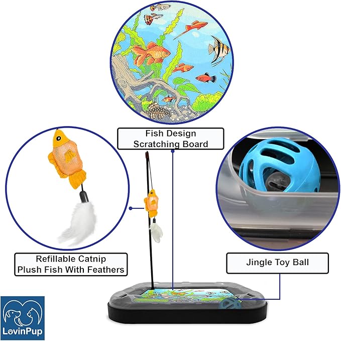 Cat Scratching Toy with Scratcher Board and Fish Aquarium Design, Fun and Exciting Catnip Cat Toy, Floppy Fish Toy with Feathers and Catnip Included