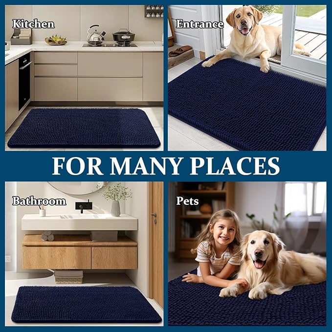OLANLY Dog Door Mat Set 2-Piece 30x20, Absorbs Moisture and Dirt, Absorbent Non-Slip Washable Doormat, Quick Dry Chenille Mud Mat for Dogs, Entry Indoor Entryway Carpet for Inside Floor, Navy Blue