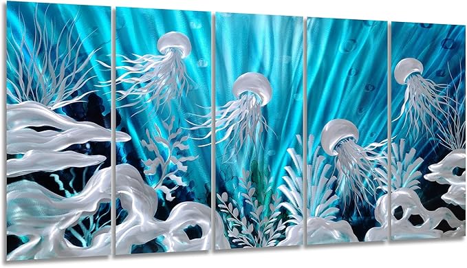 SYGALLERIER Jelly Fish Large Metal Wall Art Hand Grind Aluminum Artwork 3D Undersea World Coastal Pictures Nautical Decor for Living Room Bedroom