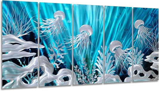 SYGALLERIER Jelly Fish Large Metal Wall Art Hand Grind Aluminum Artwork 3D Undersea World Coastal Pictures Nautical Decor for Living Room Bedroom