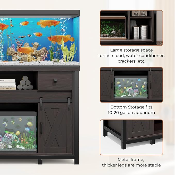 Miereirl 55-75 Gallon Fish Tank Stand with Power Outlet – Heavy Duty Aquarium Stand, Rustic Farmhouse Style, 800 lb Capacity, Adjustable Storage & Sliding Barn Doors, Dark Brown