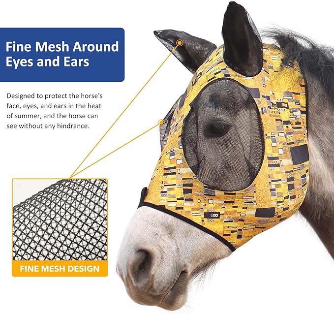Harrison Howard Super Comfort Stretchy Fly Mask Large Eye Space with UV Protection Soft on Skin with Breathability Golden Shape M