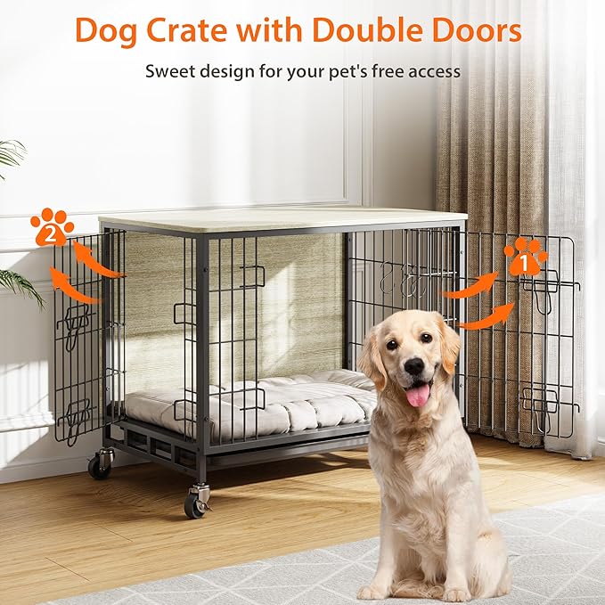 Dog Crate Furniture, 38.6" Wooden Dog Crate with Double Doors, Dog Furniture, Large Dog Kennel Indoor End Table for Large Dogs, Grey