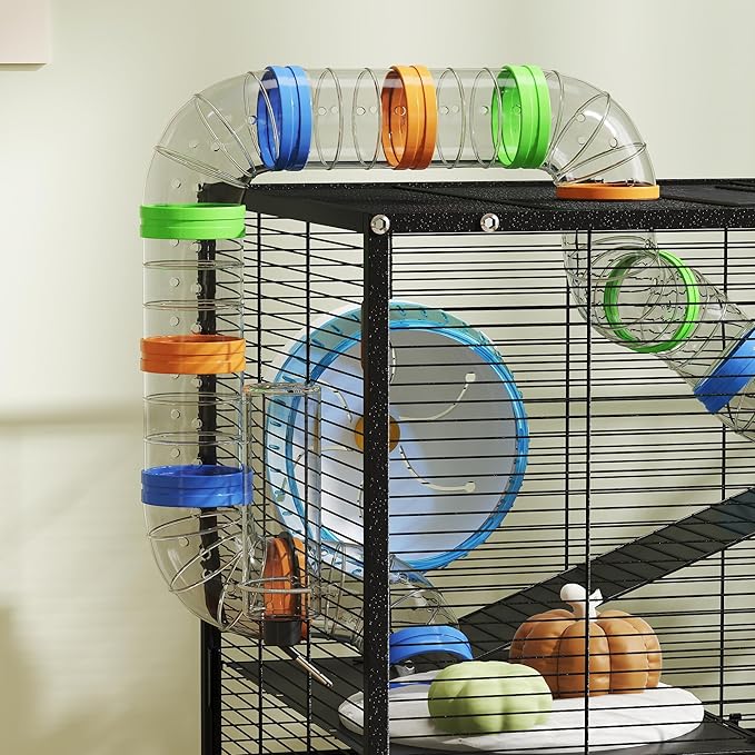 PawHut Hamster Cage with Deep Tray, 3 Tier Rolling Rat Cage with Storage Shelf, Big Exercise Wheel, Tube System, Hut, Platforms, Ramps, Food Dish, Water Bottle, for Syrian, Gerbil, Mouse