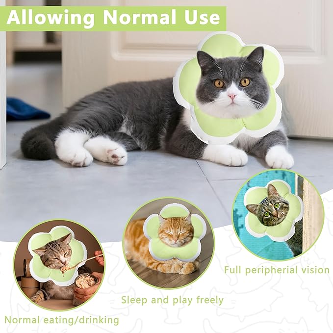 Cat Cone Collar Soft, Waterproof Cats Cones to Stop Licking After Surgery, Adjustable Soft Elizabeth Cats Collars for Wound Healing, Flower Shape Cat Recovery Collar (Green, X-Small)