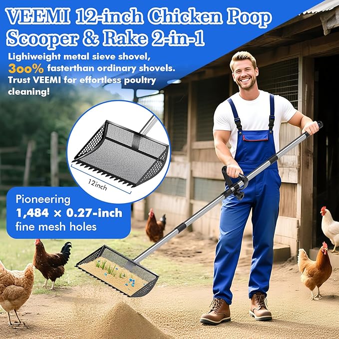 12 Inch Chicken Poop Scooper & Rake 2-in-1, Large Metal Shovel Head, Rubber Handle Stainless Steel Chicken Litter Scoop for Chicken Coops, Litter Screening Scoop (35 to 65in) US Patent Pending (Black)