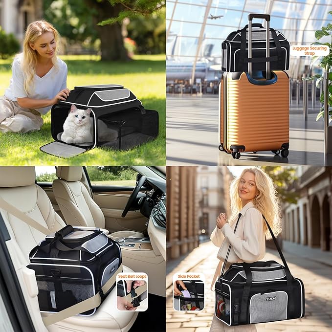 Petskd Top and Side Expandable Pet Carrier 19x13x9 Inches Southwest Allegiant Airlines Approved, Soft-Sided Carrier for Small Dog Under 12 lbs and Large Cat Under 15 lbs(Black)