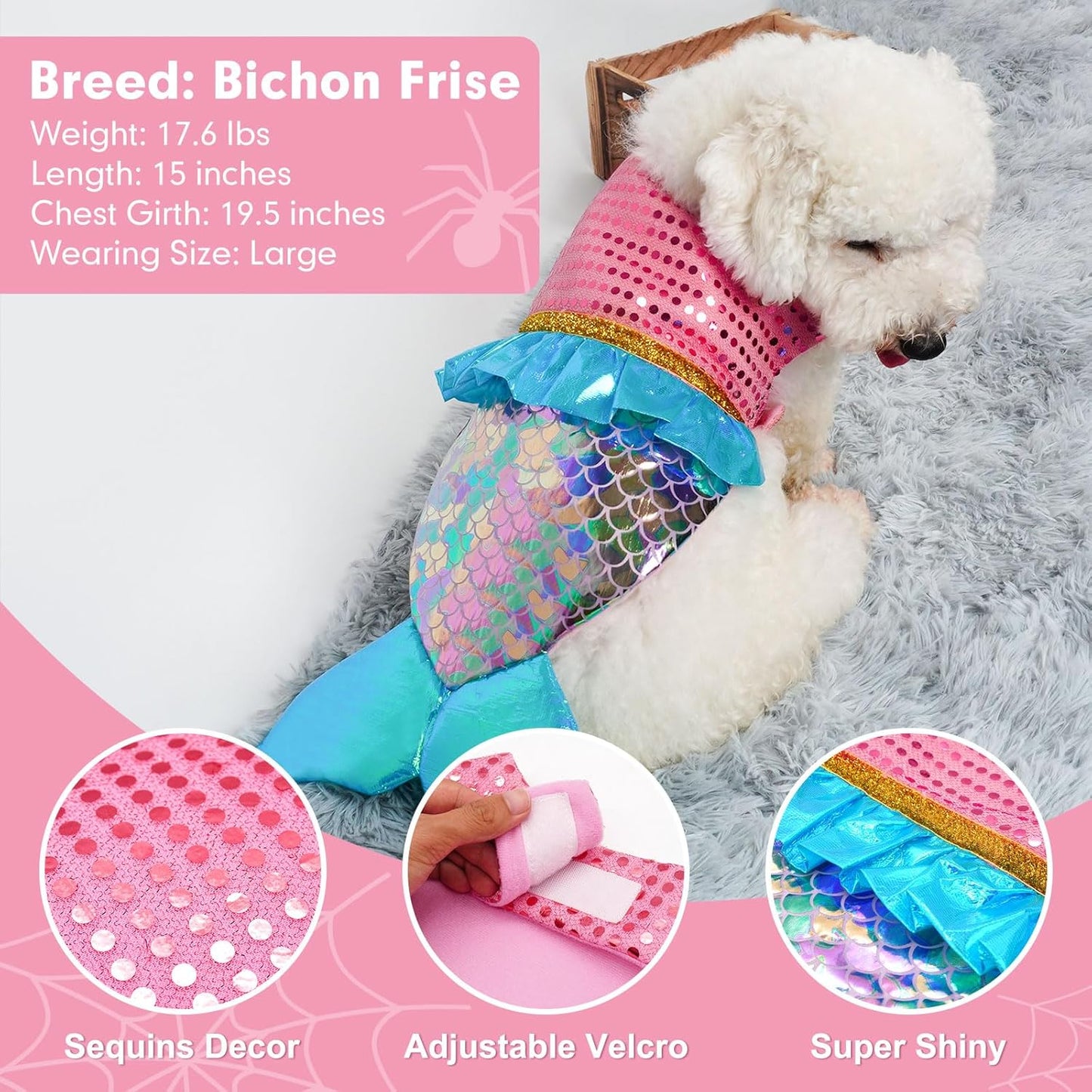 Mermaid Dog Costume Halloween Dog Clothes with Sparkly Sequin Holiday Party Outfits Puppy Pet Costumes for Small Dogs(X-Small to X-Large)