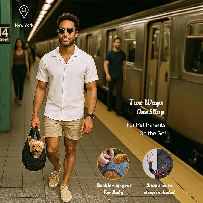 Small Dog Carrier Sling Bag – Hands-Free up to 10 lbs -10.5″ Deep Pouch, Dual Snap-Clip Closure + Drawcord, 4″ Padded Strap, Safety Tether, Zipper Pockets, Machine-Washable