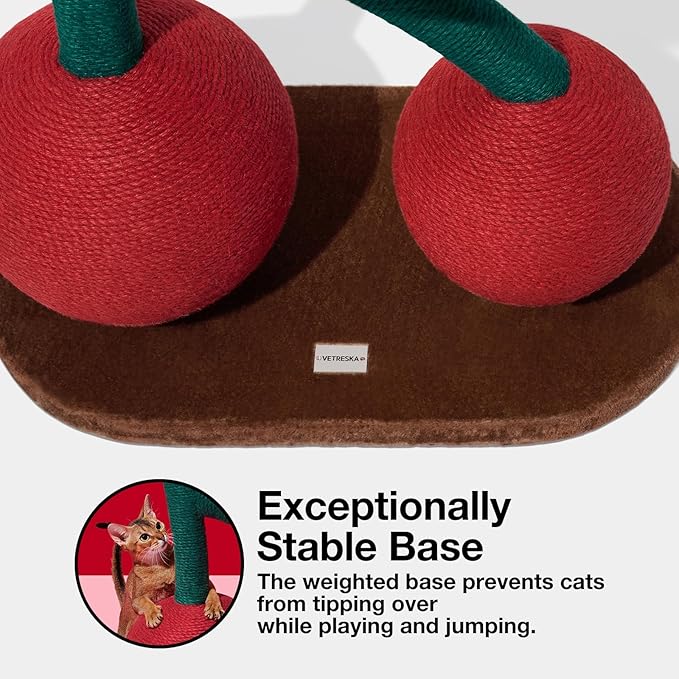 VETRESKA Cat Scratching Post, Large Cherry Cat Scratcher with Hammock, Tall Cat Scratch Interactive Toy with Natural Sisal Rope for Indoor Cats, Kittens