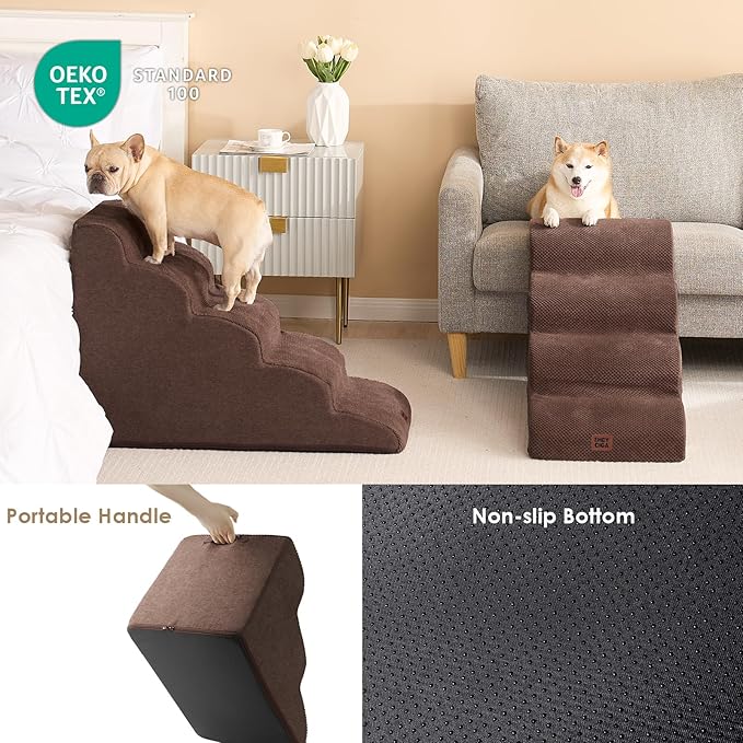 EHEYCIGA Curved Dog Stairs Ramp for High Beds 19.7" H, 4-Step Dog Steps for Small Dogs and Cats, Pet Stairs for High Bed Climbing, Non-Slip Balanced Pet Step Indoor, Brown
