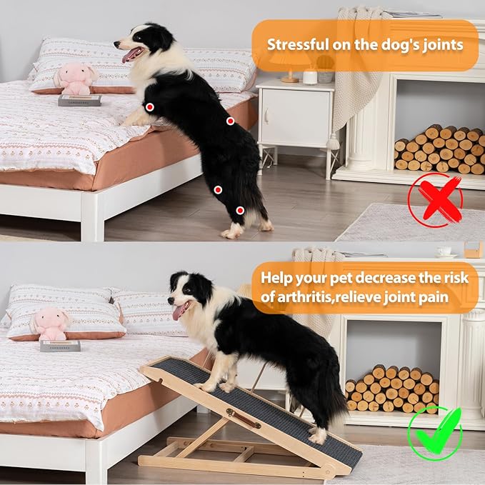 Dog Ramp for Bed Couch - Pet Steps Stairs to Get on Bed Couch 11.8"-19.6" High for Small or Large Dog Up to 200 lbs, Adjustable Wooden Dog Ramp Steps Foldable Portable, Anti-Slip Carpet (Natural)
