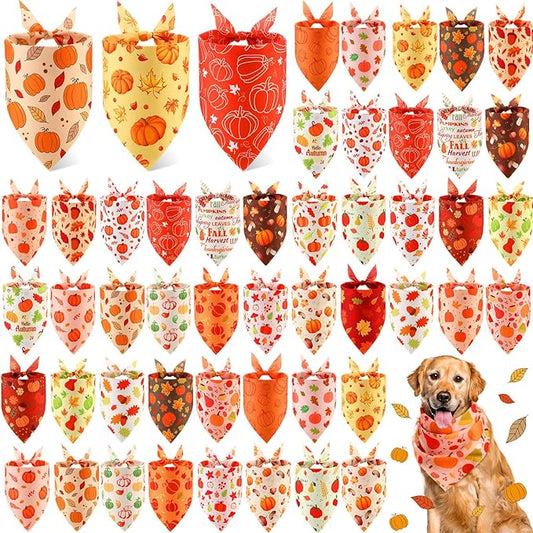 Abbylike 50 Pcs Fall Dog Bandanas Bulk Pumpkin Bandanas for Dogs Triangle Kerchief Bibs Scarf for Small Medium Large Pets Autumn Thanksgiving Costume Accessories, 25 Styles (31.5 x 21.7 x 21.7 Inch)