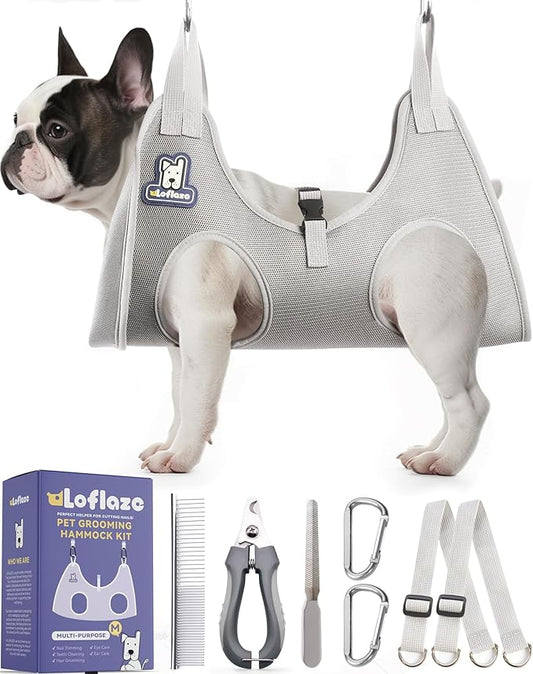 Dog Grooming Hammock Harness for Dogs & Cats with Pet Nail Clipper Trimmer - Cat Hanger Sling for Trimming Clipping Nails- Dog Hammock Restraint Bag for Small Medium Large pet （ Grey M ）