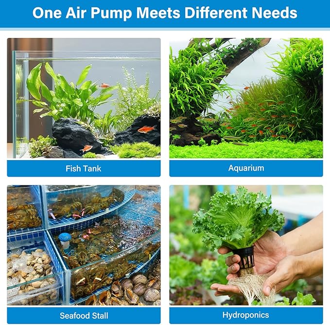 hygger Aquarium Air Pump, Quiet Adjustable Fish Tank Air Pump, 4W/7W/11W Powerful Oxygen Aerator Dual Stainless Steel Outlets with Air Stone Bubbler for Small Medium Large Fish Tank, Hydroponic