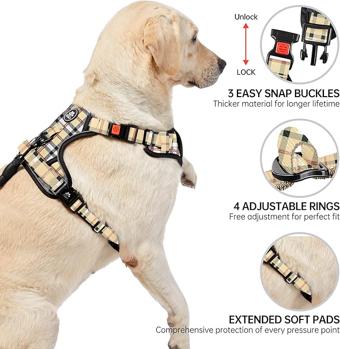 NESTROAD No Pull Dog Harness with Leash, Reflective No Choke Pet Vest Harness,Adjustable Soft Padded Dog Harness with Easy Control Handle for Medium Dogs(Checkered Beige,Medium)