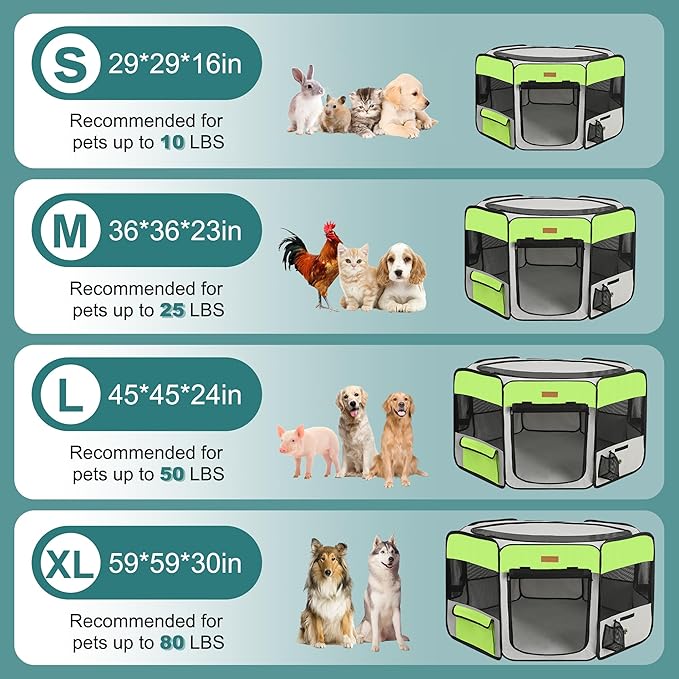 Dog Playpen, Portable Pet Play Pen for Cat, Puppies, Rabbits, Chickens, Foldable Large-Capacity Pet Tent for Indoor/Outdoor Travel Camping Green