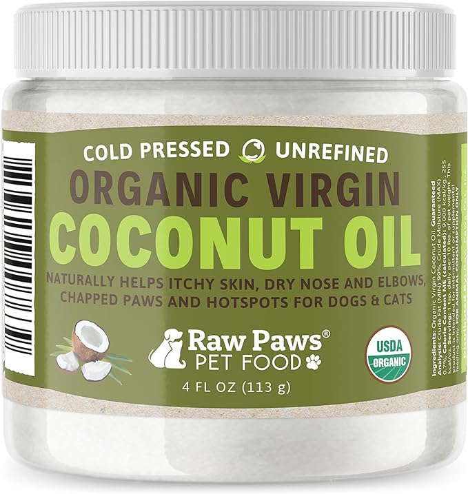 Raw Paws Virgin Organic Coconut Oil for Dogs & Cats, 4-oz - Treatment for Itchy Skin, Dry Nose, Paws - Hot Spot Lotion - Natural Hairball Remedy for Cats