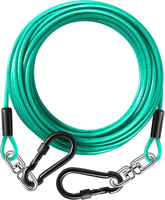 Dog Tie Out Cable 15FT-500Lbs,Heavy Duty Dog Leads&Tether for Yard with Swivel Hook,Small Large Dogs Leash Line for Outside,Rust Chew Proof Dogs Run Cable for Outdoor Camping (Green Cyan, 15FT)