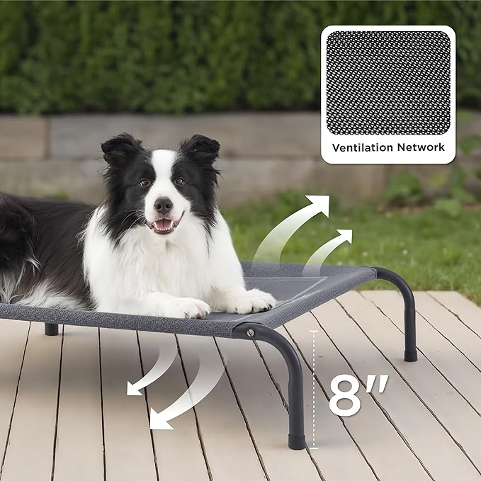 Bedsure Outdoor Elevated Dog Bed Large Sized Dog, Portable Indoor & Outdoor Cooling Raised Cot Pet Hammock Bed with Skid-Resistant Feet, Frame with Breathable Mesh, Grey, 49 inches