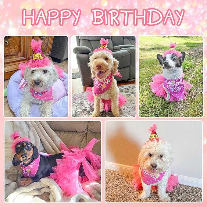 SCENEREAL Dog Birthday Bandana with Hat and Dress Girl Set, Puppy Birthday Party Supplies, Cute Pink Tutu Skirt Outfit for Small Medium Large Dogs