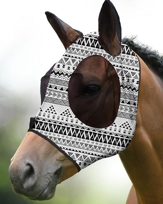 Harrison Howard Super Comfort Stretchy Fly Mask Large Eye Space with UV Protection Soft on Skin with Breathability Doodle Aztec Full Size
