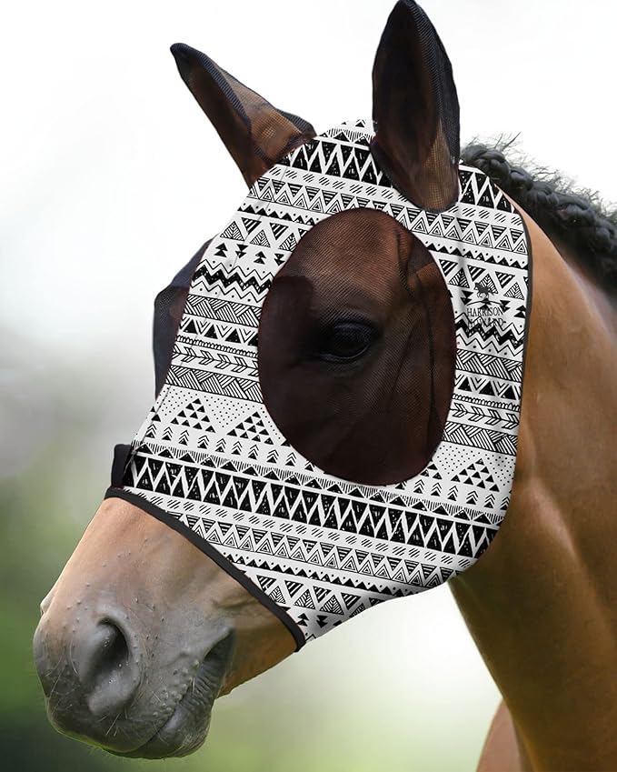 Harrison Howard Super Comfort Stretchy Fly Mask Large Eye Space with UV Protection Soft on Skin with Breathability Doodle Aztec M Cob