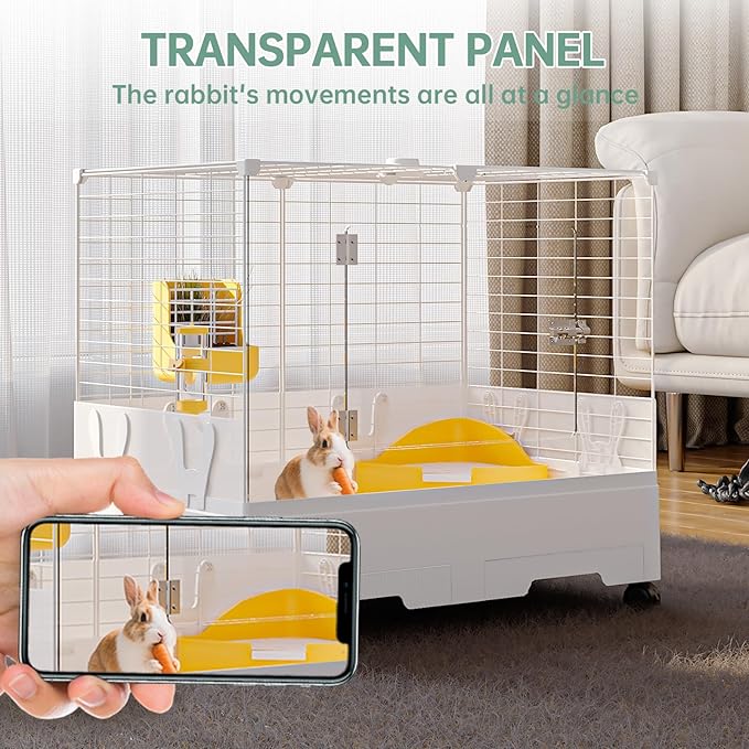 Oneluck Indoor Bunny Cage with Pull-Out Tray,Wheels and Transparent Panel，Rabbit, Guinea Pig, Chinchillas, and Small Animal Condo