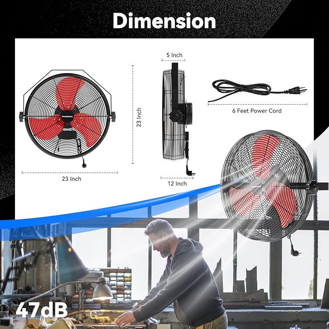 4580 CFM 18 inch High Velocity Wall Mounted Fan, 3-Speed Metal Fan with Sealed Motor, 360 Degree Tliting Heavy Duty Wall Fan for Patio, Barn, Garage, and Gazebo - UL listed