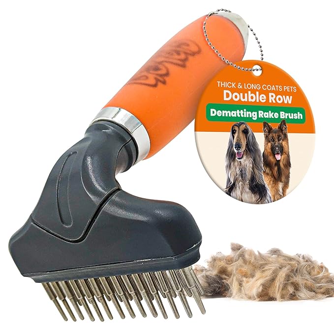 GoPets Double Row Dematting Rake, Undercoat Grooming Tool for Thick and Long Coat Pets, Ideal for Sensitive Skin, Reduces Breakage, Supports Daily Shedding Control, Detangler for Dogs and Cats