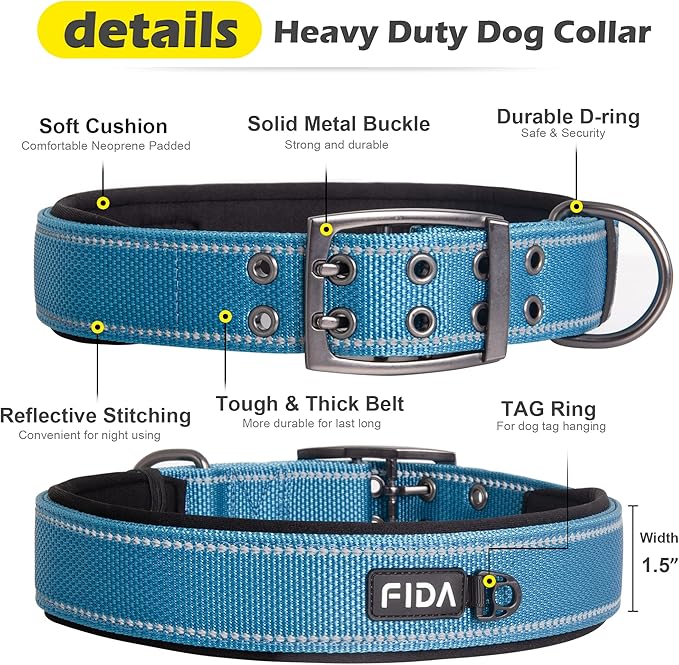Fida Heavy Duty Dog Collar 1.5” Width, Ultra Soft Neoprene Padded, Adjustable Reflective Nylon Pet Collar with Two Metal Pin Belt Buckle for Extra-Large Breeds (XL, Blue)