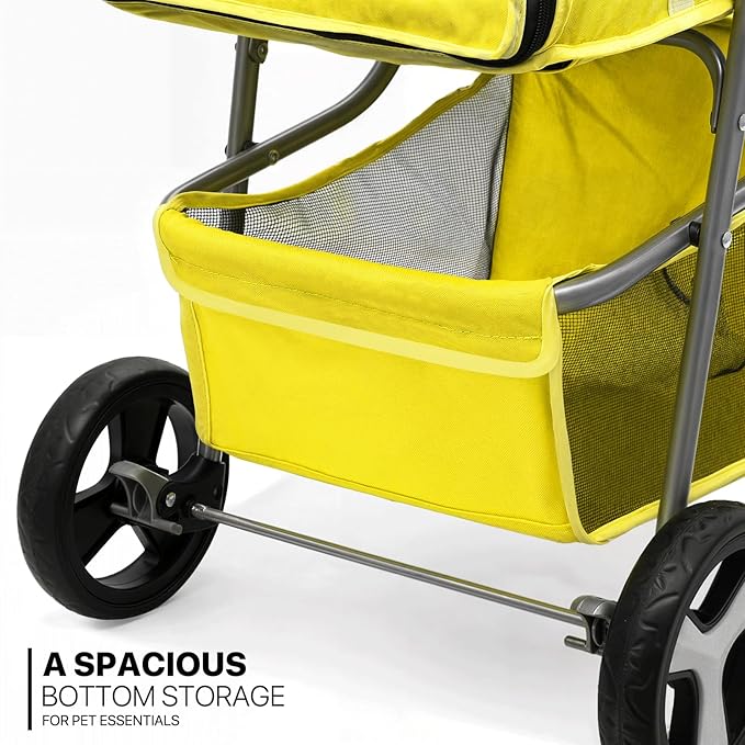 MoNiBloom Foldable Pet Stroller with Waterproof Cover, 3-Wheels Dog Strolling Cart for Small/Medium Dogs and Cats with Storage Basket and Cup Holder, Breathable and Visible Mesh for All-Season, Yellow